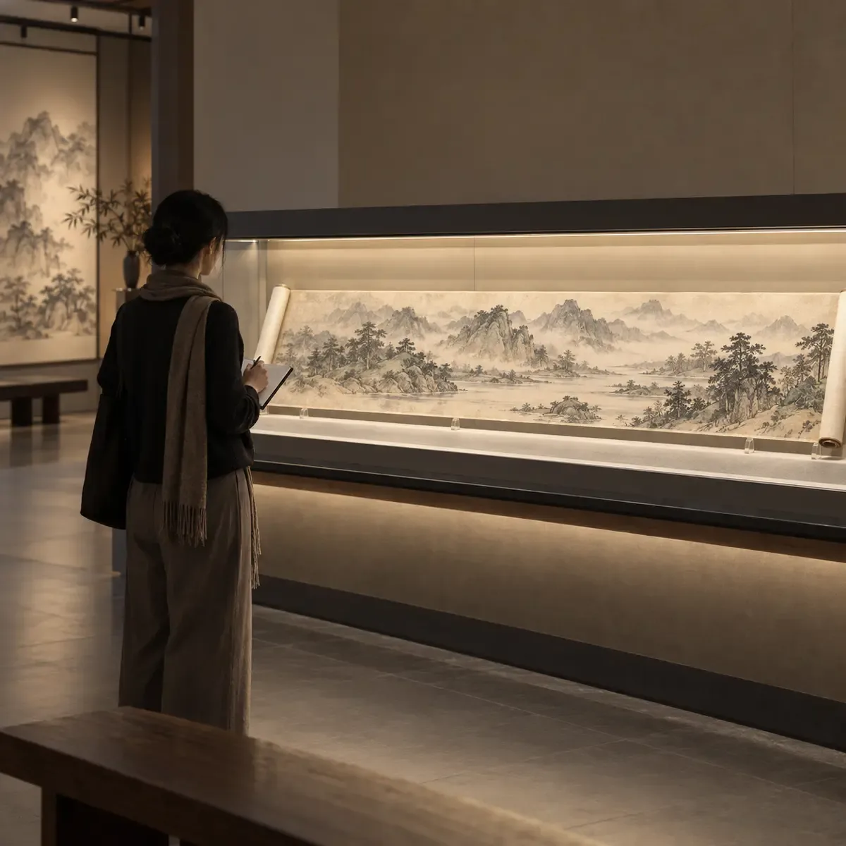 Visiteuse prenant des notes devant une longue peinture de paysage dans une galerie doucement éclairée