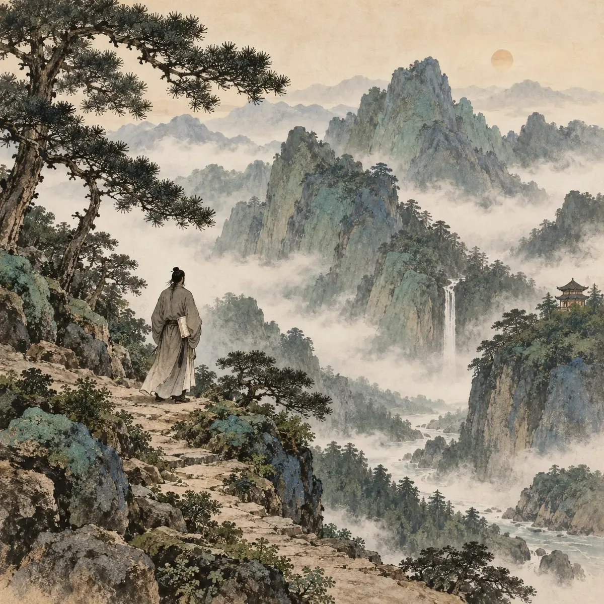 Un voyageur anonyme en robe contemple des montagnes brumeuses et une cascade lointaine