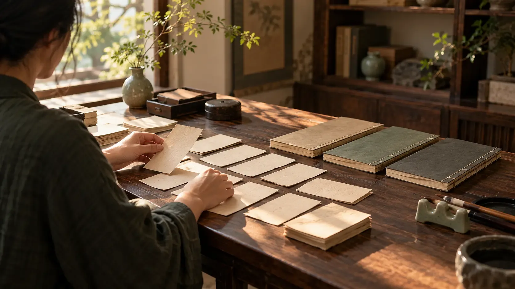 Warm conceptual photograph of an anonymous contemporary reader arranging blank paper slips beside three plain thread-stitched booklets in a fictional study.