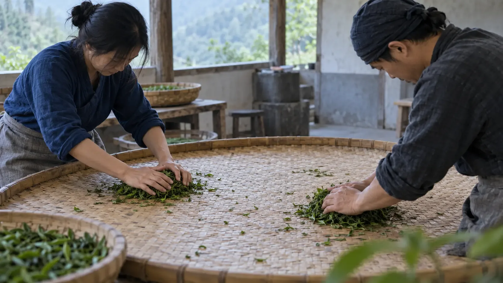 Photographie conceptuelle de deux adultes anonymes roulant à la main des portions distinctes de feuilles vertes sur une large surface en bambou tressé, dans un atelier fictif ouvert