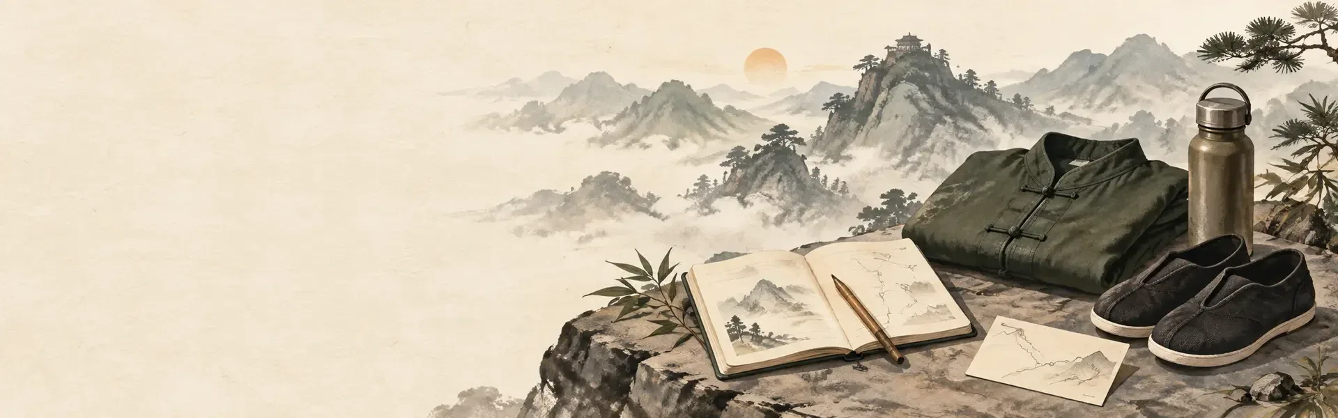 Vêtements d’entraînement, chaussures, carnet et gourde illustrés devant des montagnes dans la brume