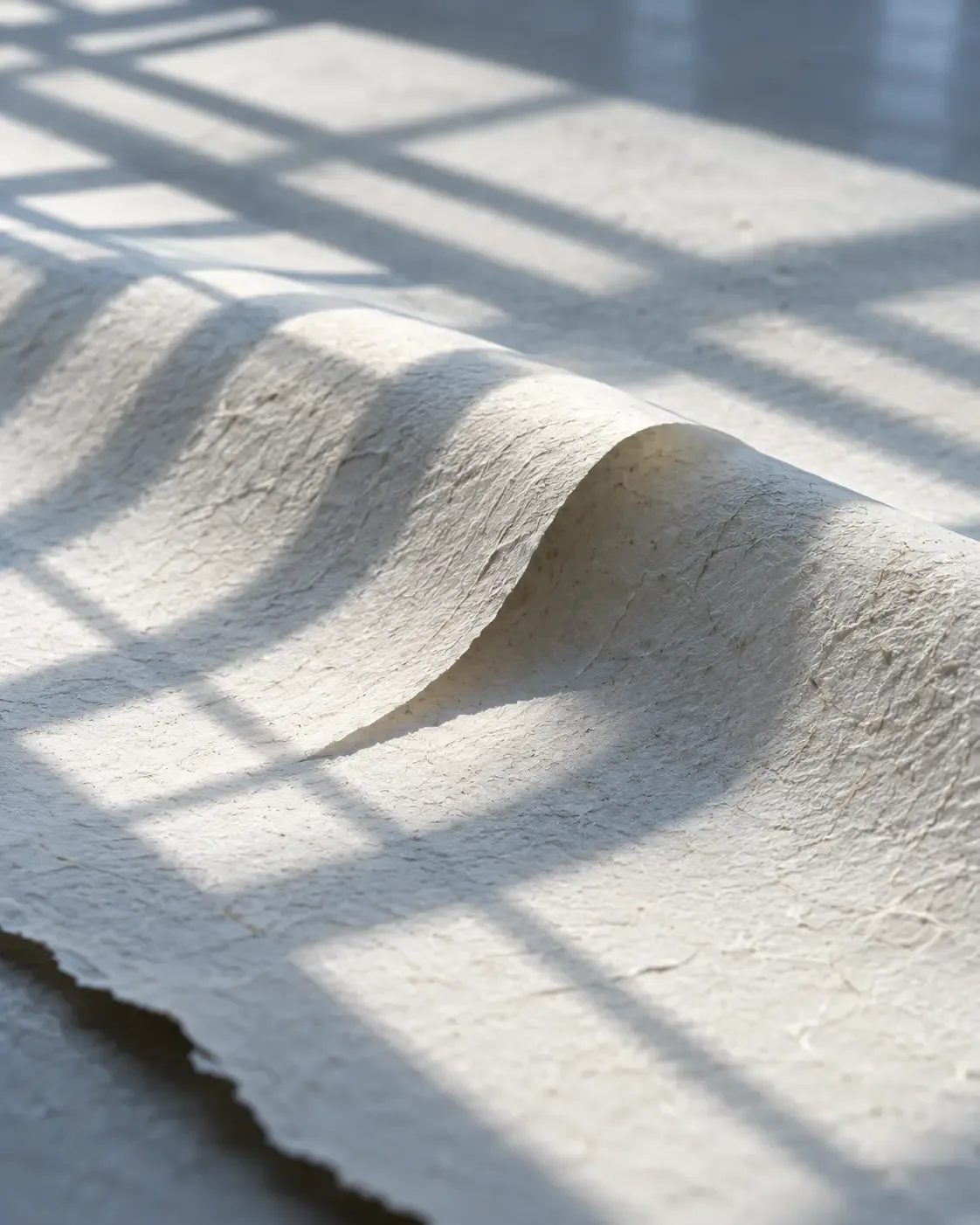 Cool blue-grey lattice shadows form paired bands across blank handmade paper while one curved fold interrupts the repeated geometry.