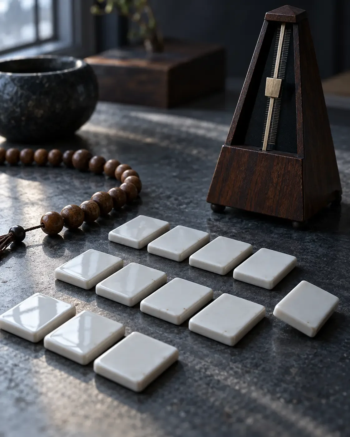 Cool vertical conceptual photograph of a dark wooden metronome beside three staggered rows of blank white porcelain tiles and a strand of wooden counting beads on slate.