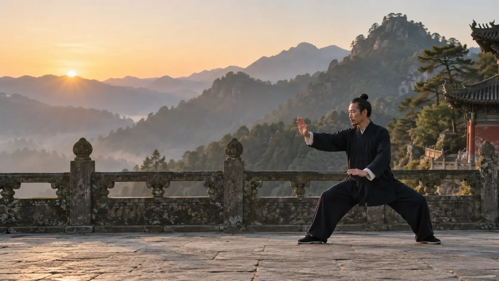 Un pratiquant exécute le taijiquan sur une terrasse du mont Wudang au lever du soleil