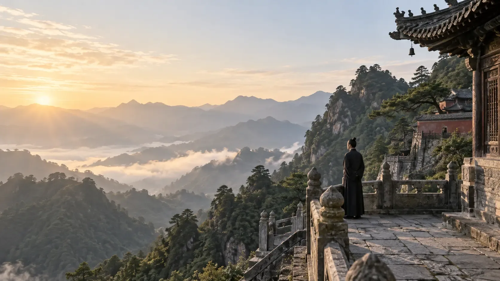 Les monts Wudang et une terrasse de temple au lever du soleil, avec un pratiquant contemplant la vallée