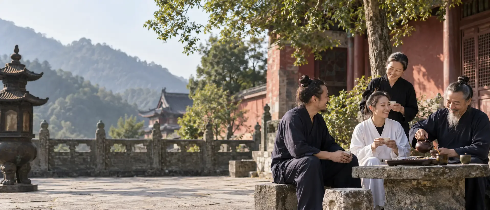 Practitioners sharing tea in a Wudang temple courtyard