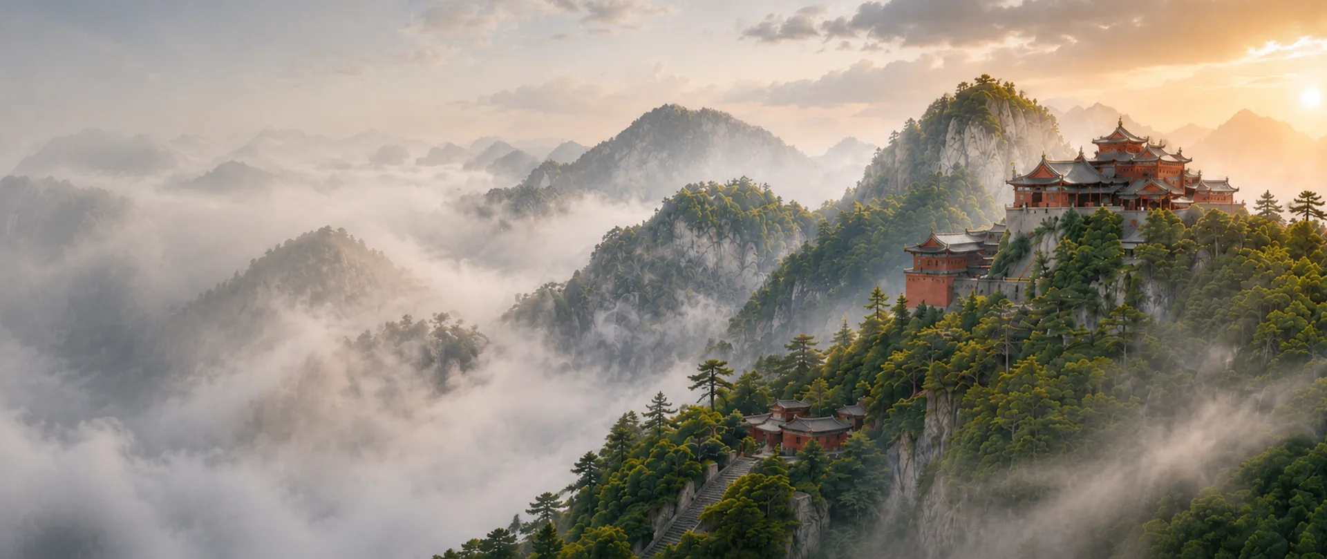 Wudang mountain temple in mist